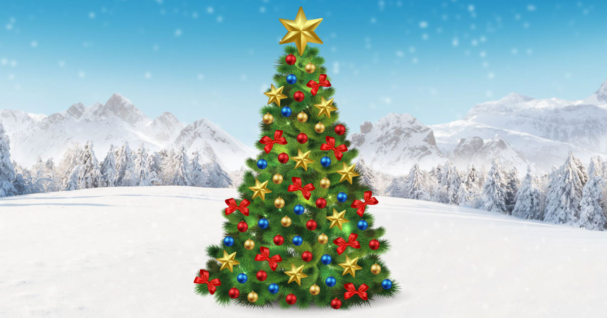 A Christmas Tree in the snow decorated with baubles, stars and ribbons