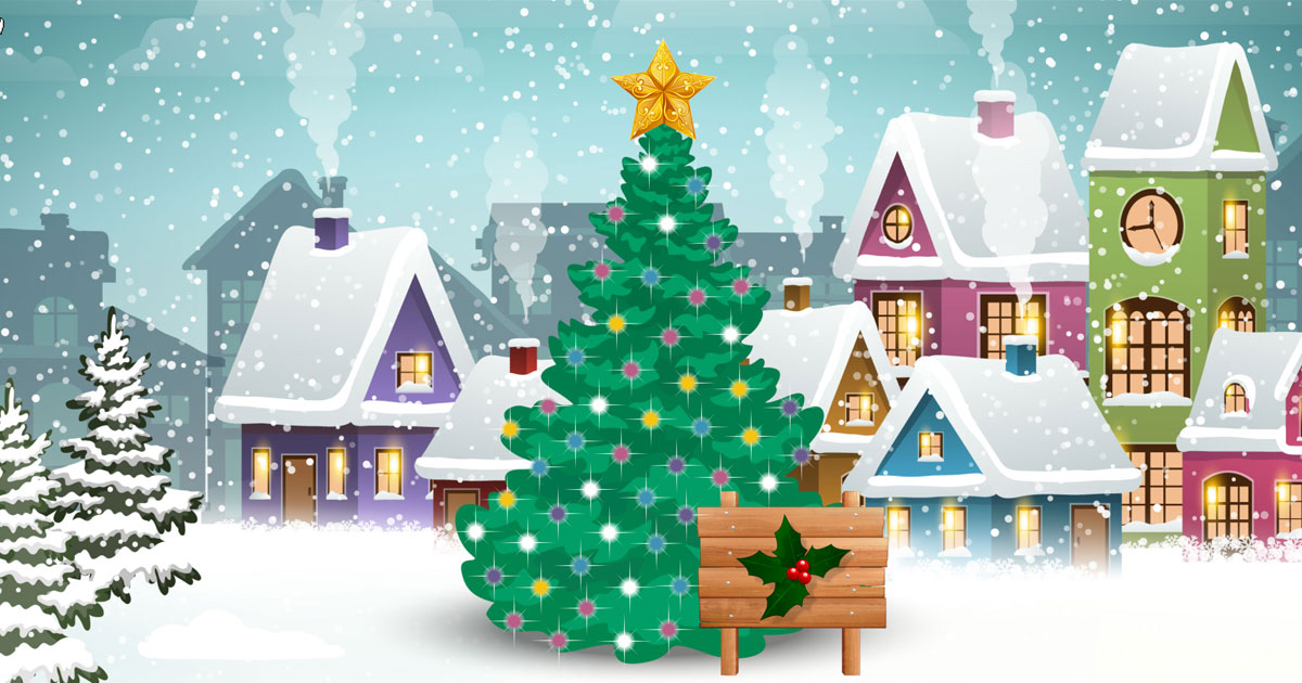 Virtual Christmas tree decorated with lights in a snowy village full of colourful houses. There is a signpost next to the tree.