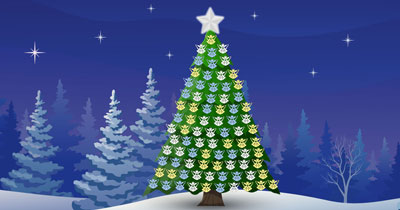 virtual christmas tree decorated with angels in a snowy landscape
