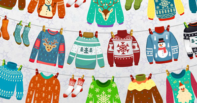 selection of christmas jumpers and socks hanging on a washing line