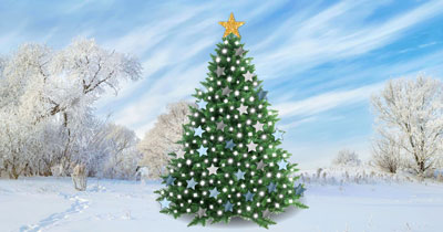 Virtual Christmas Tree in a snowy landscape decorated with stars and lights