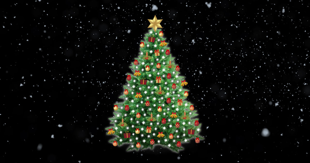 A fully decorated Christmas tree on a sparkly blue background. The tree has a gold star on top and is decorated with lights, baubles, bells, candles and presents.