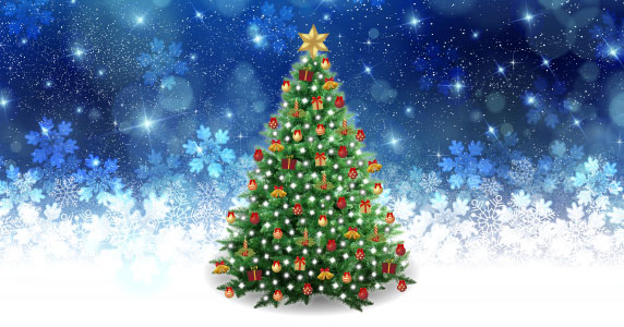 virtual christmas tree decorated in a traditional style on a blue background