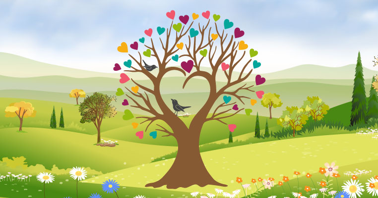 Tree in a spring meadow with colourful hearts in the place of leaves. The tree trunk is shaped like a large heart and there are two birds looking at each other.