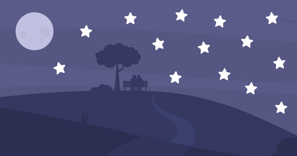 A blue sky filled with 5 pointed stars and moon. Below is a silhouette of a couple siting on a bench beneath a tree.