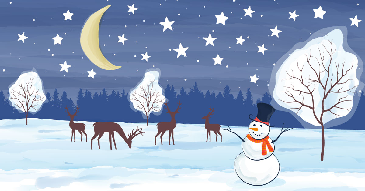 Stars in the sky on a snowy night. Large bright crescent moon in the sky. Snowman and deer on the snowy ground.