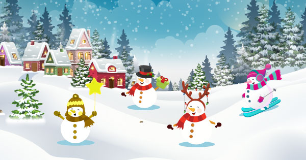 An illustration of a snowy village with 4 smiling snowmen